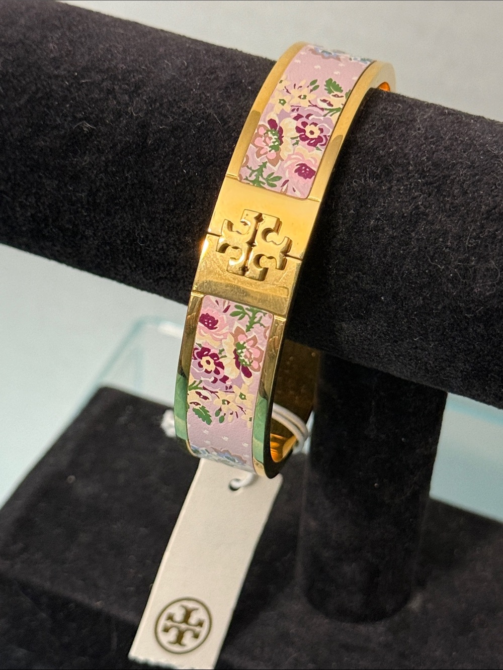 Tory Burch KIRA Gold-Tone Pink Floral Enamel Hinged Bracelet